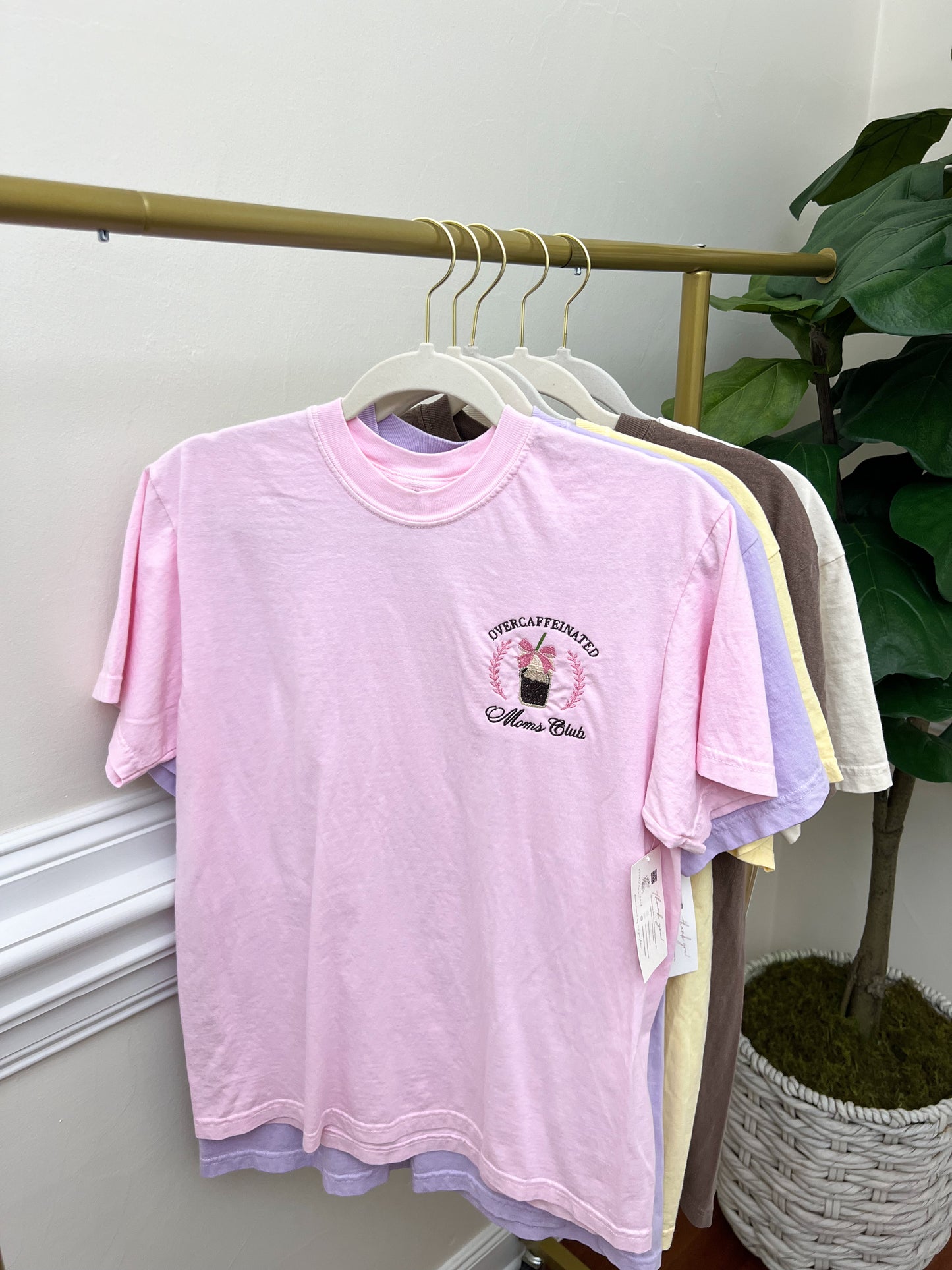 Overcaffeinated Moms Club Embroidery Faith Based Tee Christian Catholic Tshirts