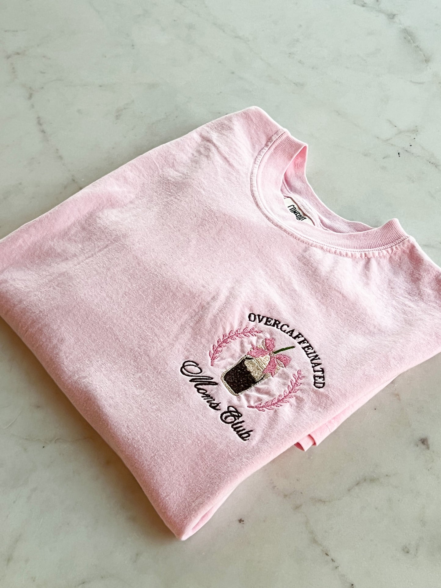 Overcaffeinated Moms Club Embroidery Faith Based Tee Christian Catholic Tshirts