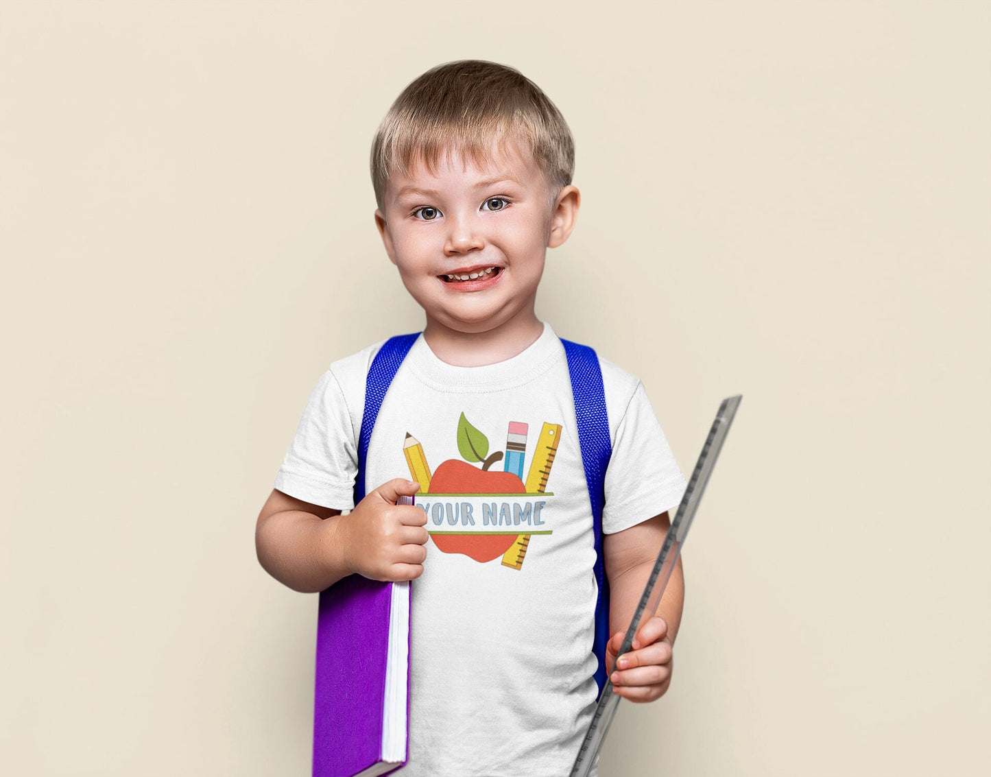 Custom Personalized Apple Pencil Ruler Kids Name First Day of School Tshirt Gift