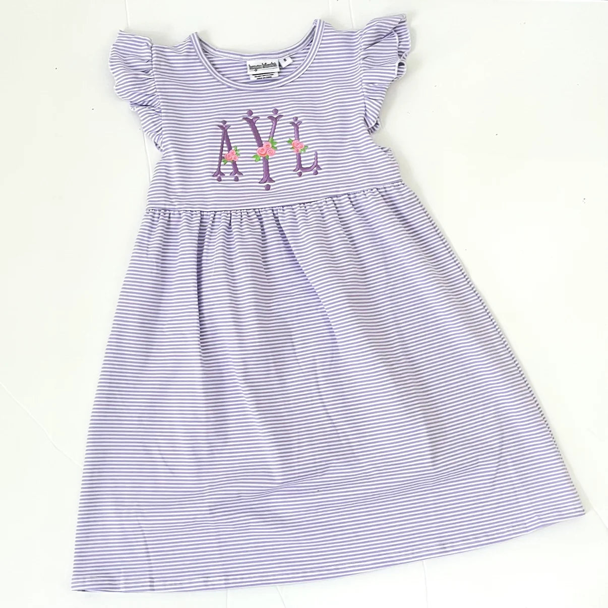 Personalized Embroidered Knit Stripe Flutter Sleeve Dress