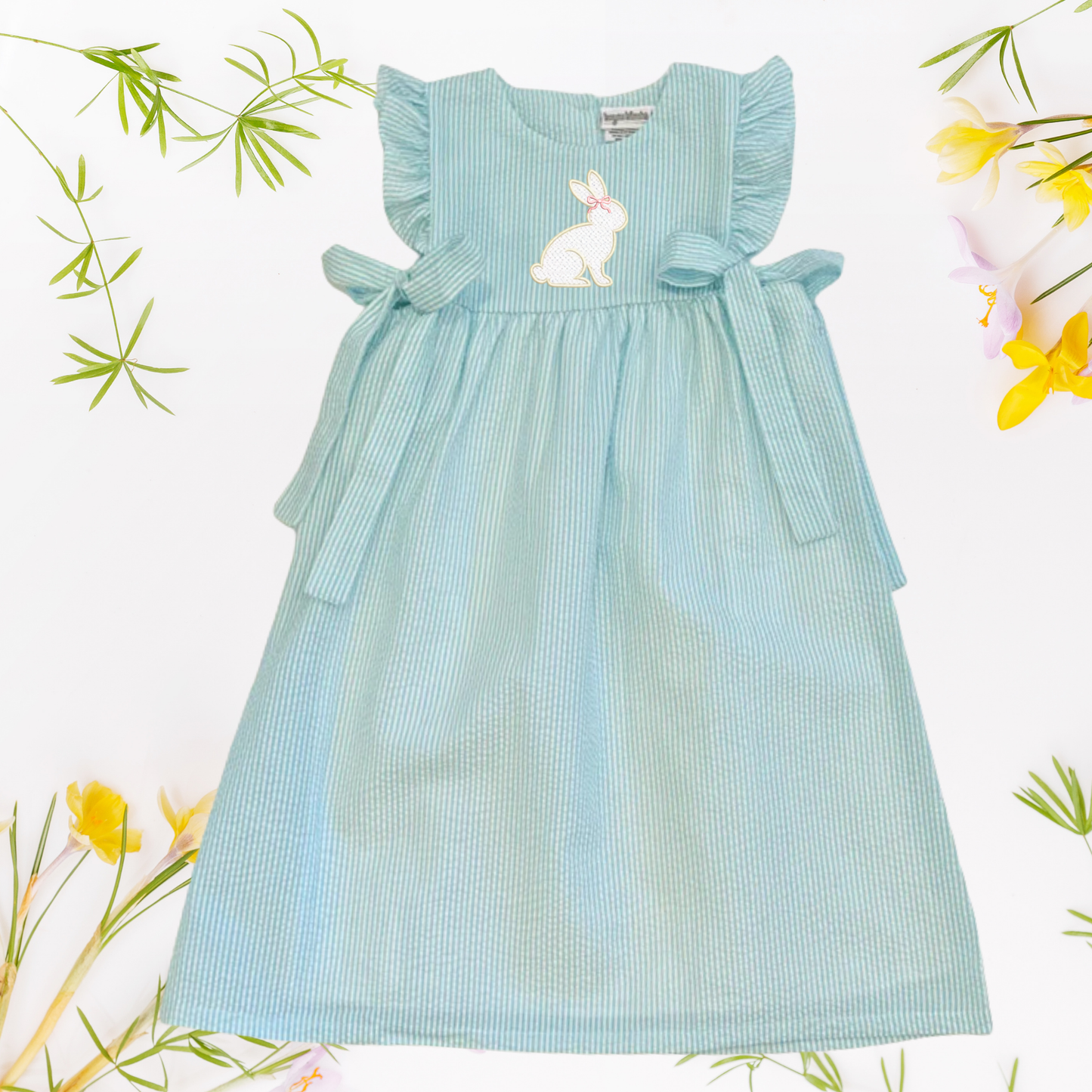 Easter Seersucker Side Tie Dress - Embroidered Girls & Babies Easter Sunday Dress