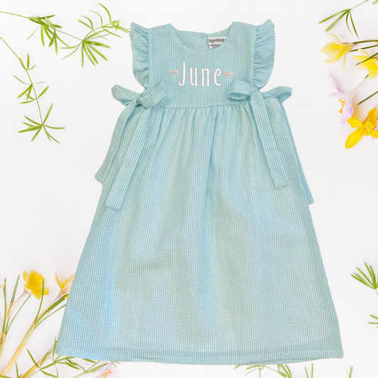 Easter Seersucker Side Tie Dress - Embroidered Girls & Babies Easter Sunday Dress