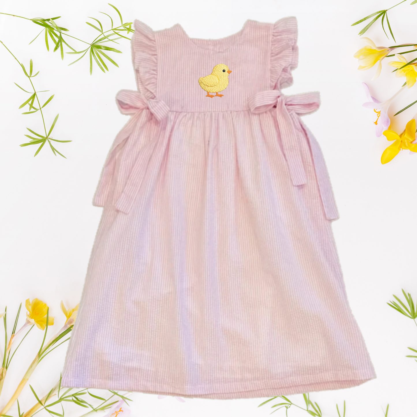 Easter Seersucker Side Tie Dress - Embroidered Girls & Babies Easter Sunday Dress