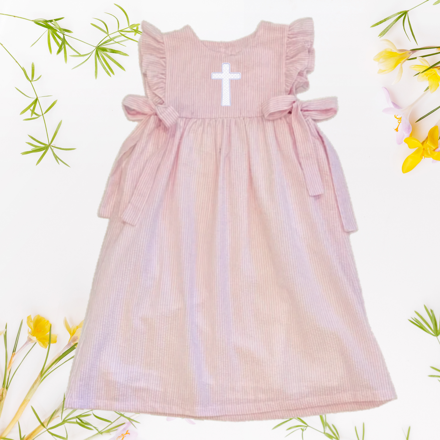 Easter Seersucker Side Tie Dress - Embroidered Girls & Babies Easter Sunday Dress