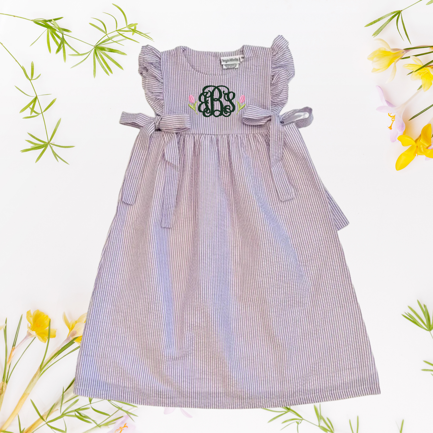 Easter Seersucker Side Tie Dress - Embroidered Girls & Babies Easter Sunday Dress