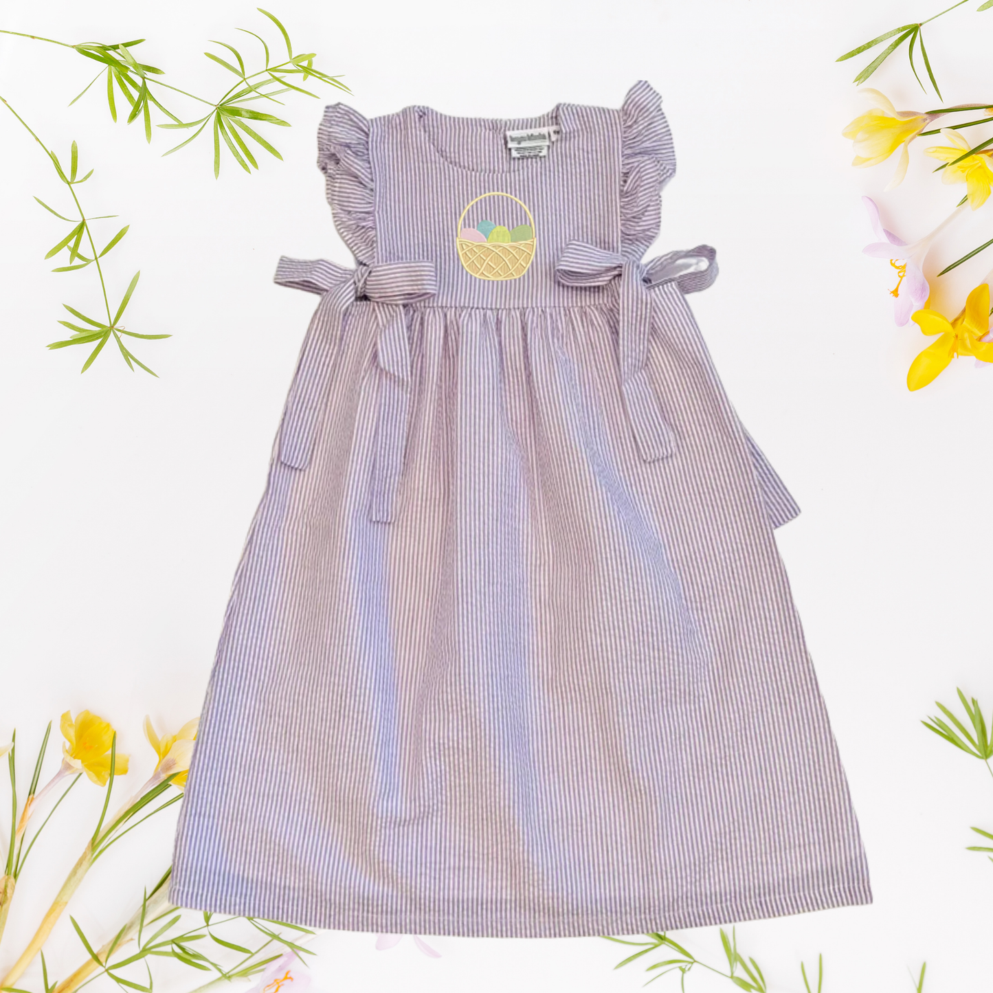Easter Seersucker Side Tie Dress - Embroidered Girls & Babies Easter Sunday Dress