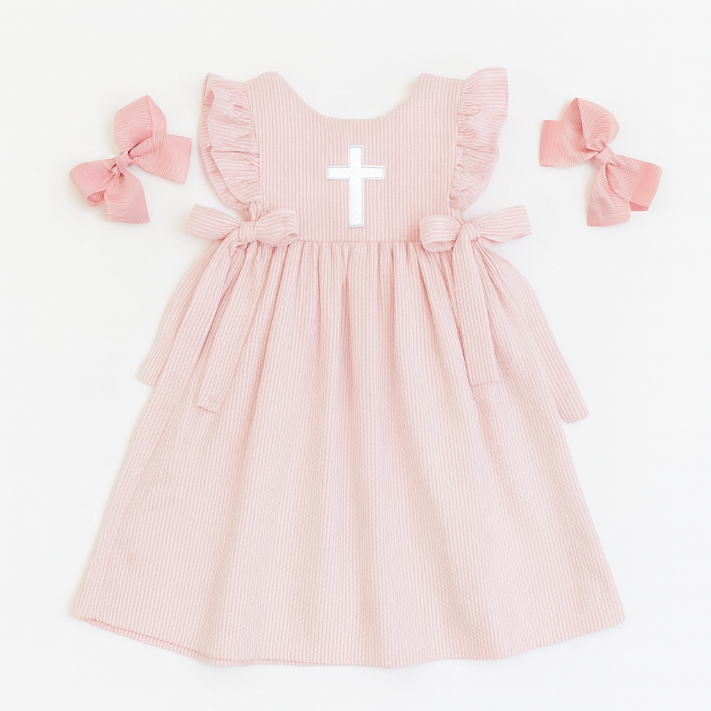 Easter Seersucker Side Tie Dress - Embroidered Girls & Babies Easter Sunday Dress