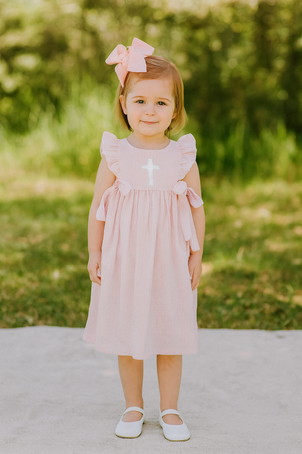 Easter Seersucker Side Tie Dress - Embroidered Girls & Babies Easter Sunday Dress